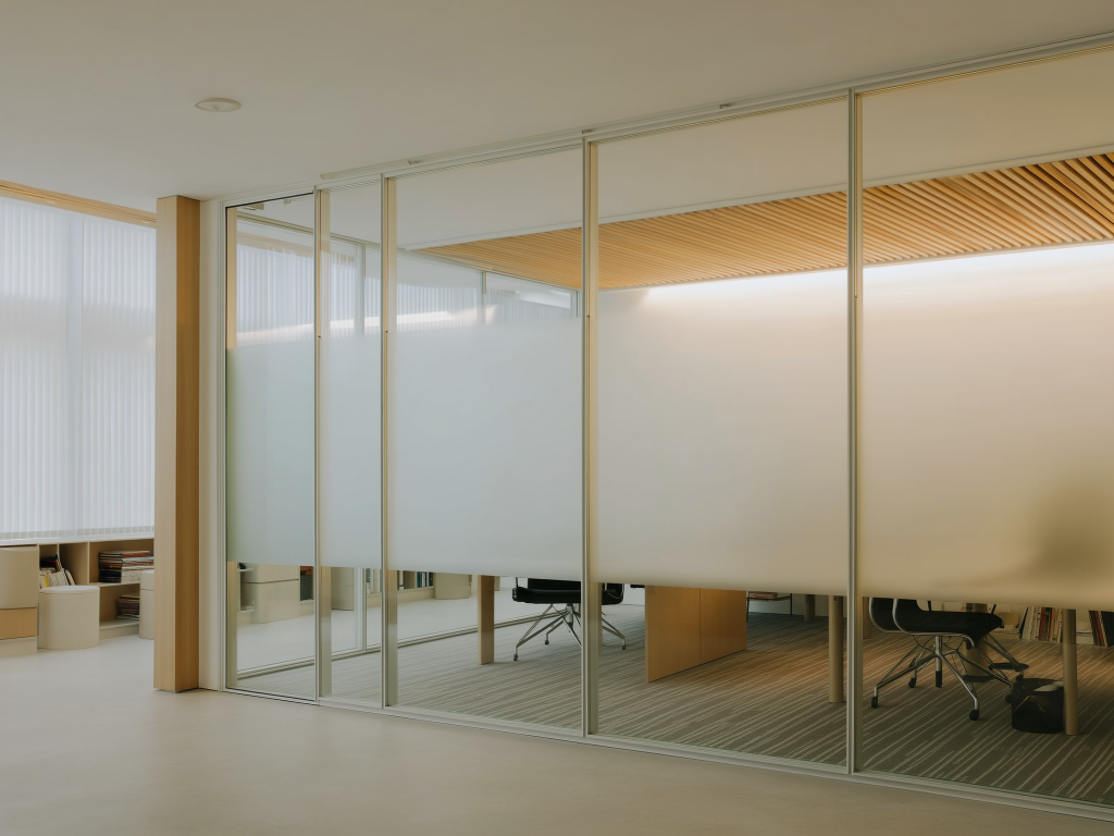 Sichtschutzfolie auf einer Glastrennwand im Büro – blickdicht und trotzdem hell